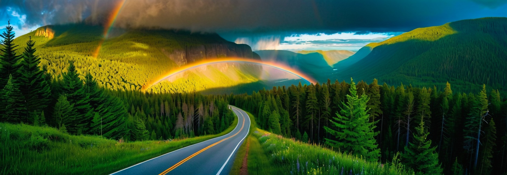 a rainbow over a road