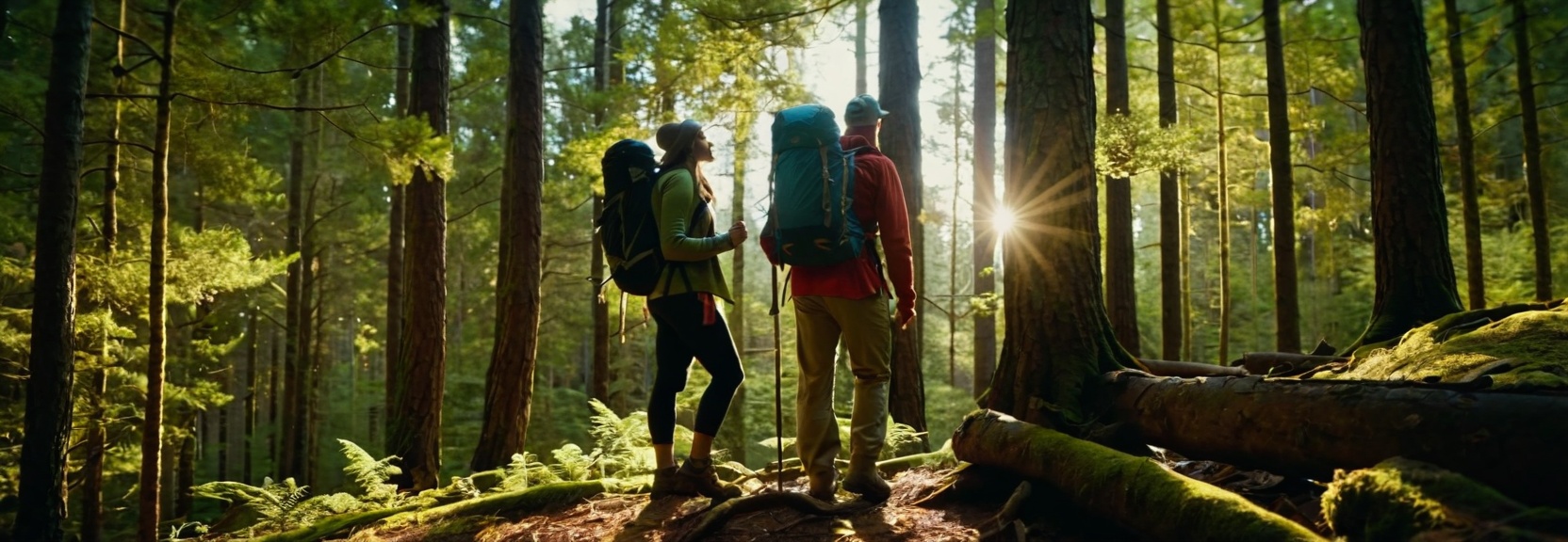 a man and woman hiking in the woods